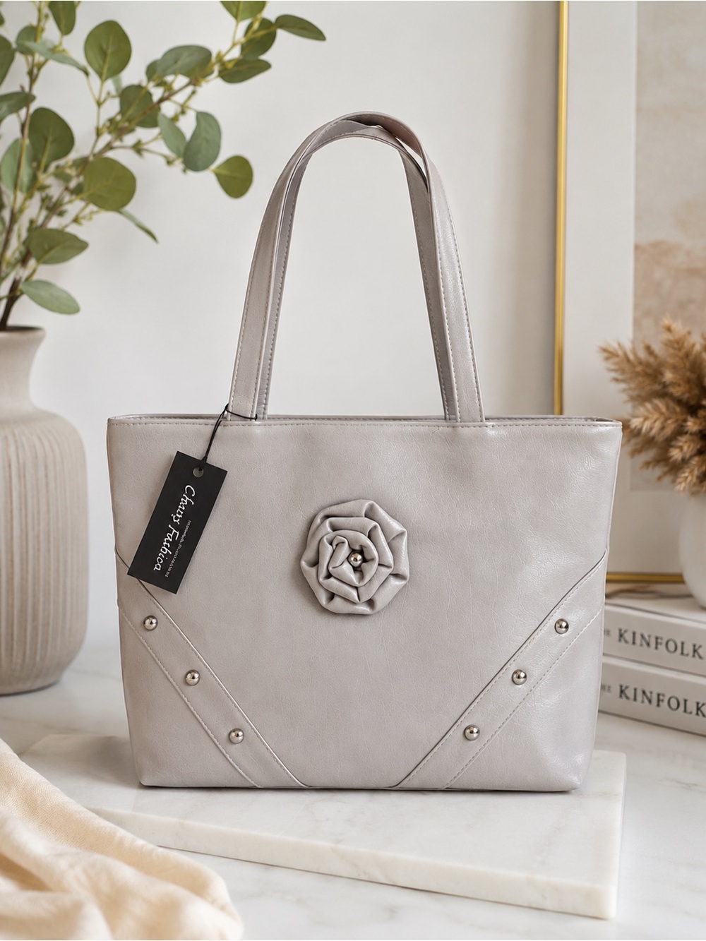 Classy Fashion Gray Faux Leather Tote Handbag Floral Studded Purse New